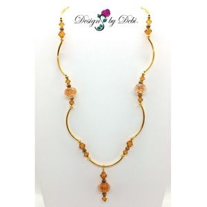 Caramel Swirled Glass& Topaz Crystal Gold Necklace
